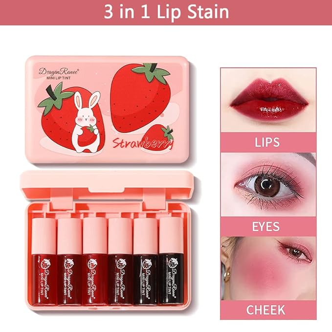 6 Colors Lip Tint Stain Set, Korean Velvet Watery Lip Stain Moisturizing Mini Liquid Lipstick, Multi-use Lip and Cheek Tint, Long lasting Non-Stick Cup Waterproof, Lip Color Makeup-BrightBean Baby