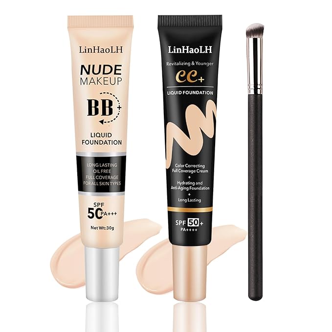 Full Coverage Concealer Foundation,Oil Control Long Lasting Lightweight BB Cream Tinted Face Moisturizer with SPF 50+ PA+++,Moisturizing CC Cream Liquid Foundation Makeup Brush Set（2 Pack）-BrightBean Baby