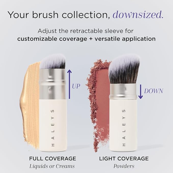 HALEYS Retractable Face Brush, VEGAN Dense, Angled Bristles & Adjustable Sleeve, Portable Makeup Brush for Quick, Easy Streak-Free Blending of Liquids, Creams, Powders, Travel-friendly Mess-Free Cap-BrightBean Baby