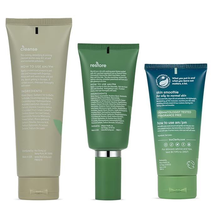 BioClarity 3-Step Essentials Skin Routine for Normal & Oily Skin Types | Cleanse, Restore and Moisturize | Gentle Clean and Hydrate Face | 100% Clean, Vegan Ingredients (Full Size)-BrightBean Baby