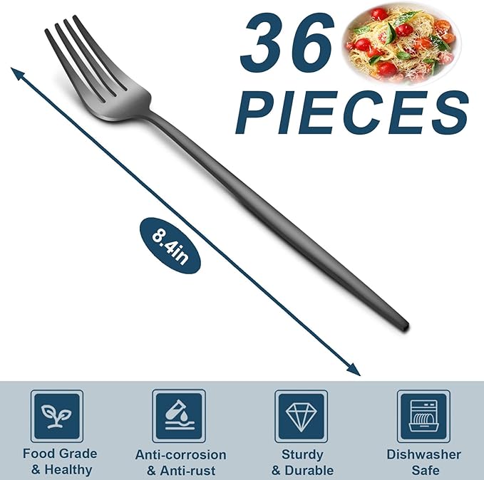 Pleafind 36-Pcs Matte Black Dinner Forks, 8.4 Inch Forks Silverware, Stainless Steel Fork, Silverware Fork, Mirror Polished Metal Forks for Home, Kitchen, Restaurant, Dishwasher Safe