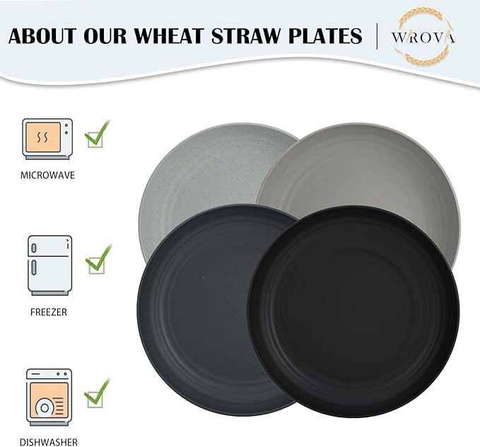 Wrova Large Wheat Straw Plates - 11 Inch Unbreakable Dinner Plates Set of 8 - Dishwasher & Microwave Safe, Reusable - Deep Edge for Kitchen and Camping (Classic)