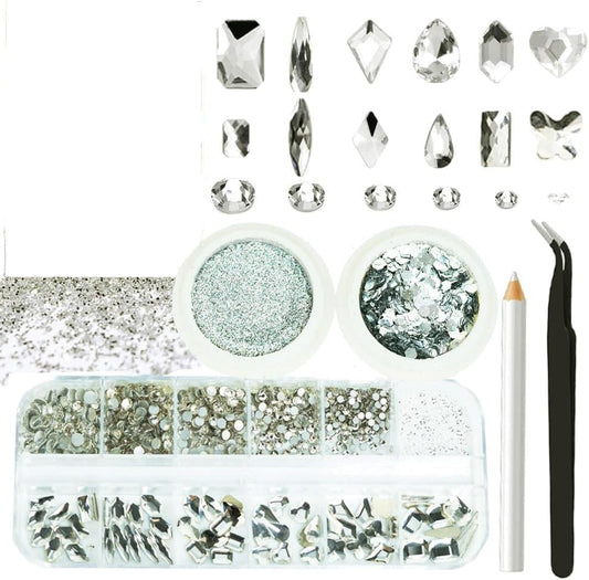 3 Boxes Silver Nail Rhinestones with Fine Glitters Kit, 60Pcs Big Assorted Silver Nail Gems with S6-S16 Flatback Round Stones,Crystals Nail Gem Stones for Faces Body DIY Crafts-BrightBean Baby