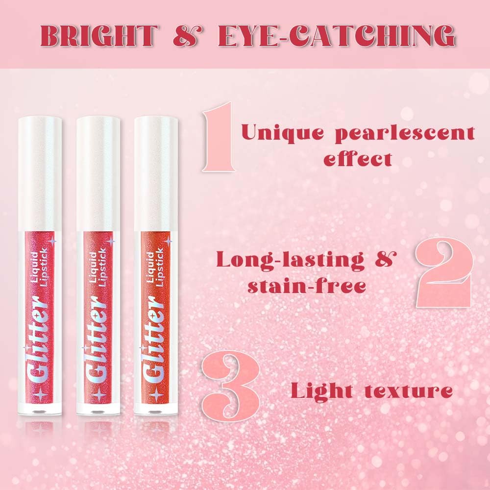 3Pcs Metallic Lipstick for Women,Lightweight Glitter Sparkling Liquid Lipsticks,Shimmer Lip Gloss Stain Long Lasting Waterproof Smudge Proof Non-Drying 24 Hour Full Coverage Lip Makeup,Vegan-BrightBean Baby