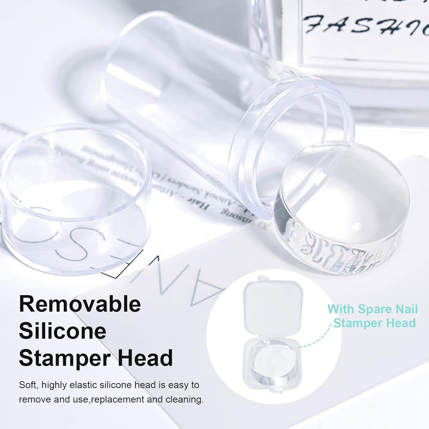 X&D Nail Art Stamper Clear Jelly Nail Art Stamping Transparent Silicone Rubber Nail Polish Stamper with Acrylic Scraper, Spare heads, Stainless Steel Plate Kit for French Tips and Transfer Images B-BrightBean Baby