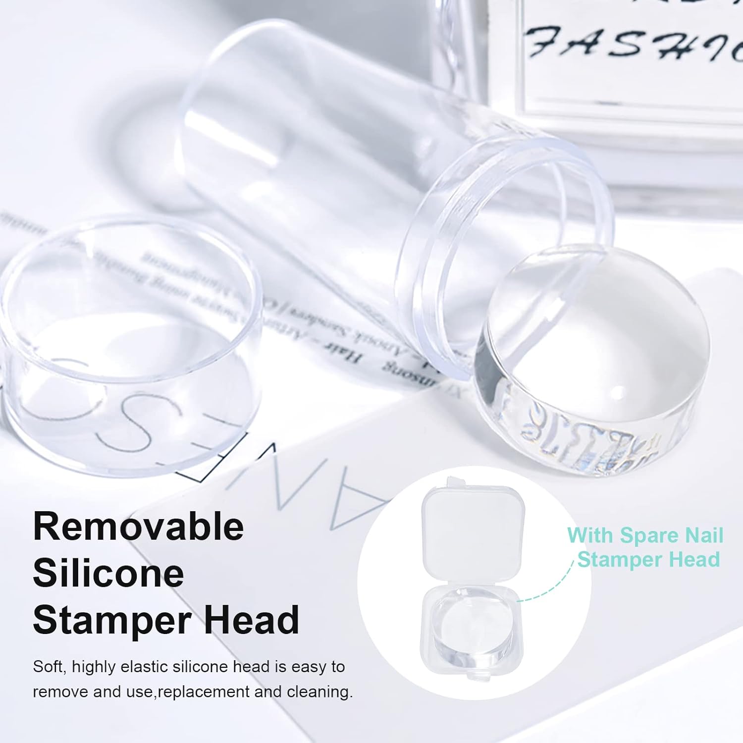 X&D Nail Art Stamper Clear Jelly Nail Art Stamping Transparent Silicone Rubber Nail Polish Stamper with Acrylic Scraper, Spare heads, Stainless Steel Plate Kit for French Tips and Transfer Images B-BrightBean Baby