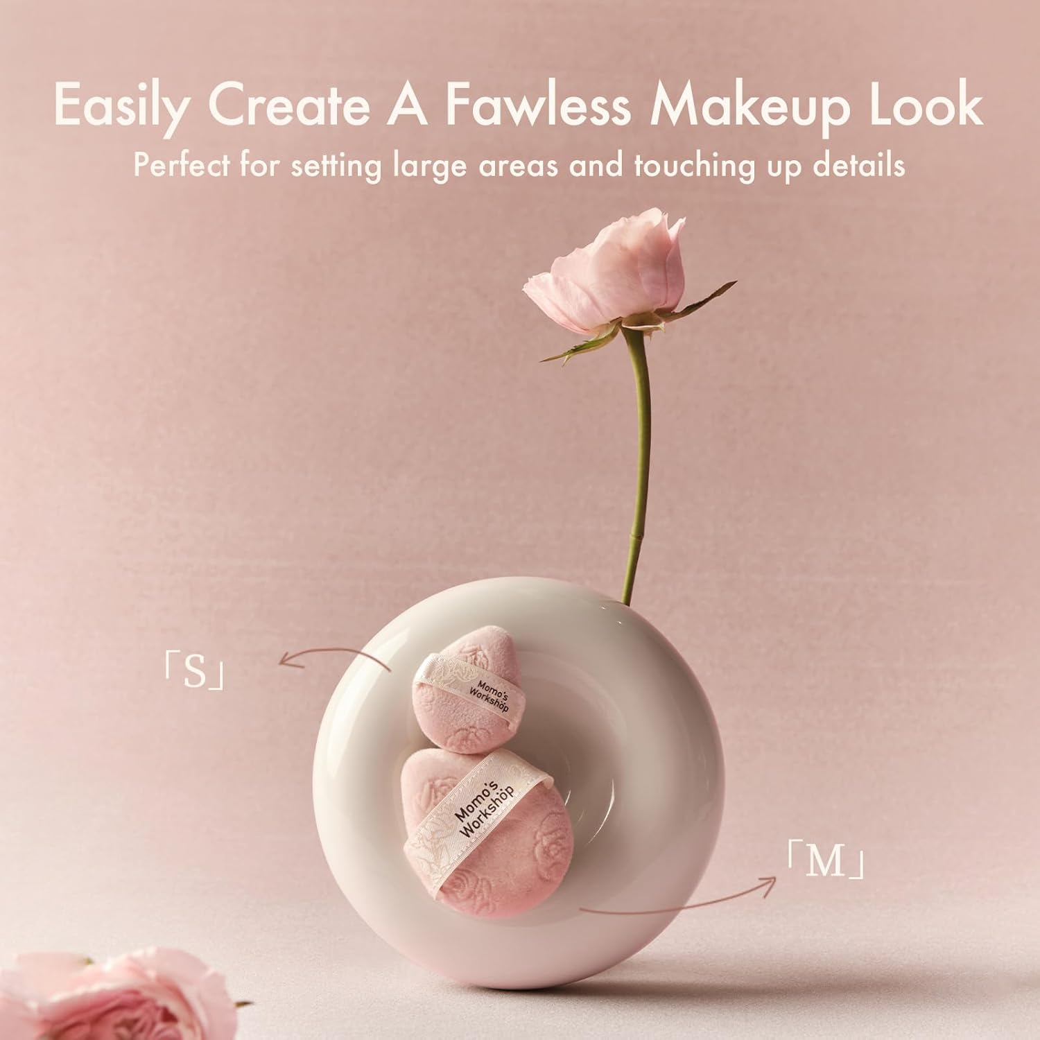 Pink Velvet Powder Puffs, Laser-Cut Rose Design, Dual-Sided, Travel Size & Wide M Size for Pressed Powder, Blush & Contour,5pcs Plush Puffs & Storage Case-BrightBean Baby