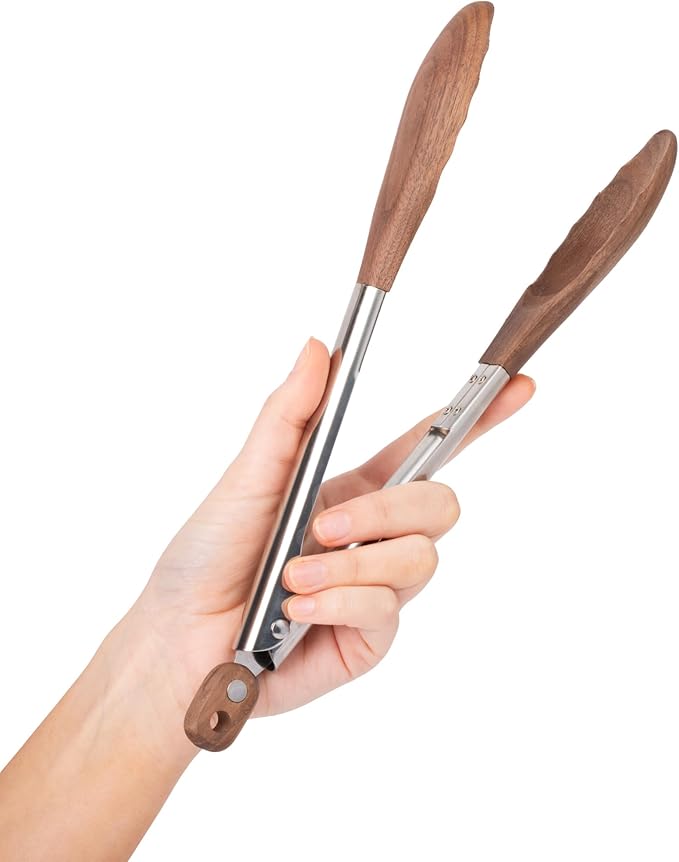 Salt & York Wooden Tongs Kitchen Long handle with non-Slip Grip for Cooking, Salad, Serving Food, Grilling - 11 Inch - Set of 1 (Walnut)