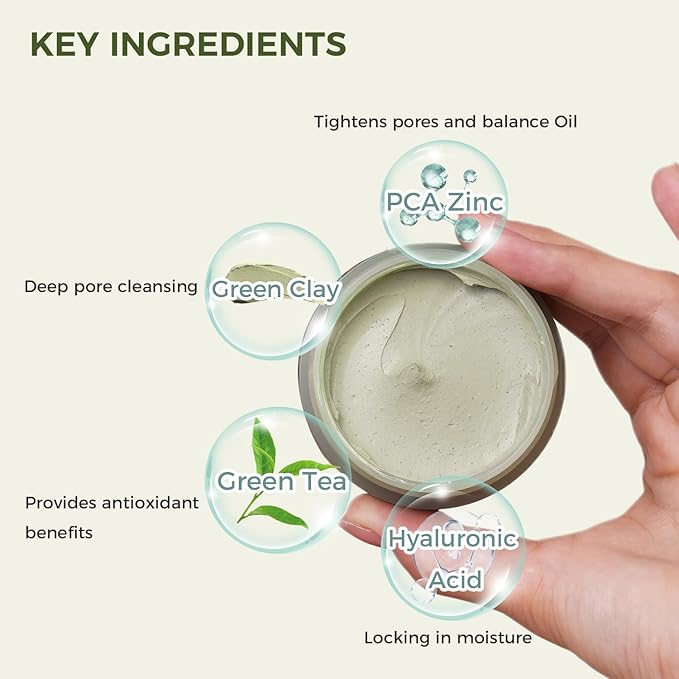 Purifying Green Tea Mask, Natural Facial Clay Mask Deep Pore Cleansing with Green Tea Extract and Portulaca Extract, for Clogged Pores, Detoxifies & Balance Oil, 3.52 fl.oz-BrightBean Baby