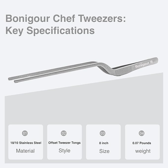 8 Inch Precision Offset Tweezers, Kitchen Culinary Stainless Steel Tongs, Curved Kitchen Cooking Multi-function Chef Precision Tweezer Tongs for Plating, Food Decorating and ect (Silver)