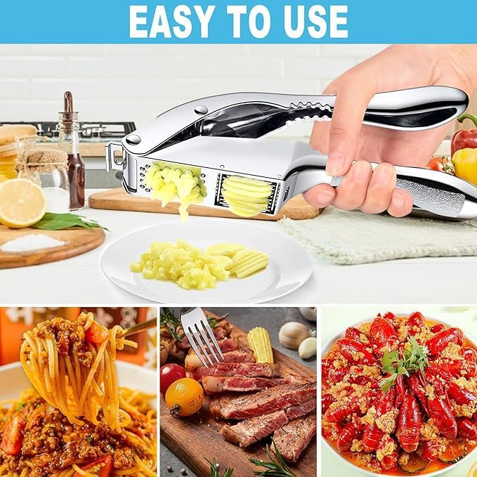 Garlic Press and Slicer 2 in 1, Rust Proof & Dishwasher Safe Professional Garlic Mincer Tool, Effortlessly Crush and Mince Garlic with this Ergonomic Handle-Garlic Slicer & Brush ANCQMI(Silver)