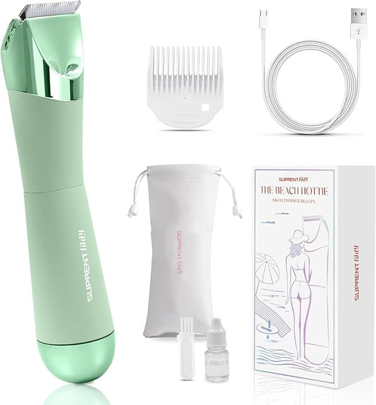 SUPRENT Bikini Trimmer Women - Painless Ladies Hair Removal - Waterproof Wet & Dry - 2 in 1 Lady Shaver for Pubic & Facial Hair - Cordless Electric Razor with USB-C Rechargeable - Green-BrightBean Baby