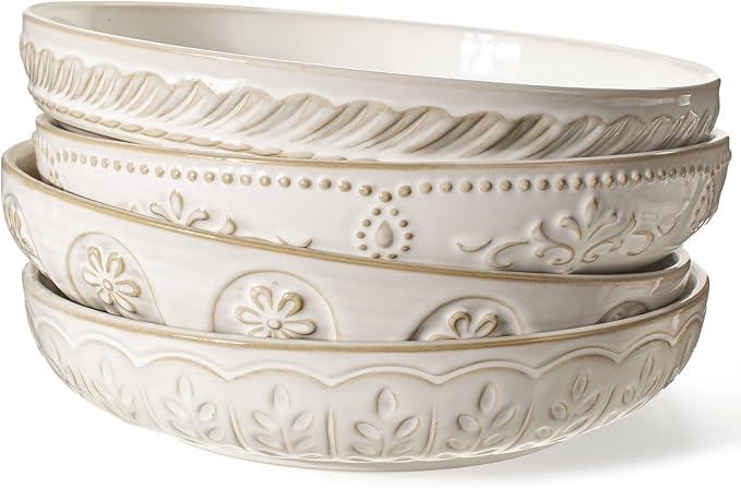 Artena Pasta Bowls, 50oz Large Salad Serving Bowls, 9.75'' Plates Bowls Set of 4, Big White Ceramic Soup Bowls for Kitchen, Embossment Shallow Dinner Bowl, Microwave Dishwasher Safe, Multiple Patterns
