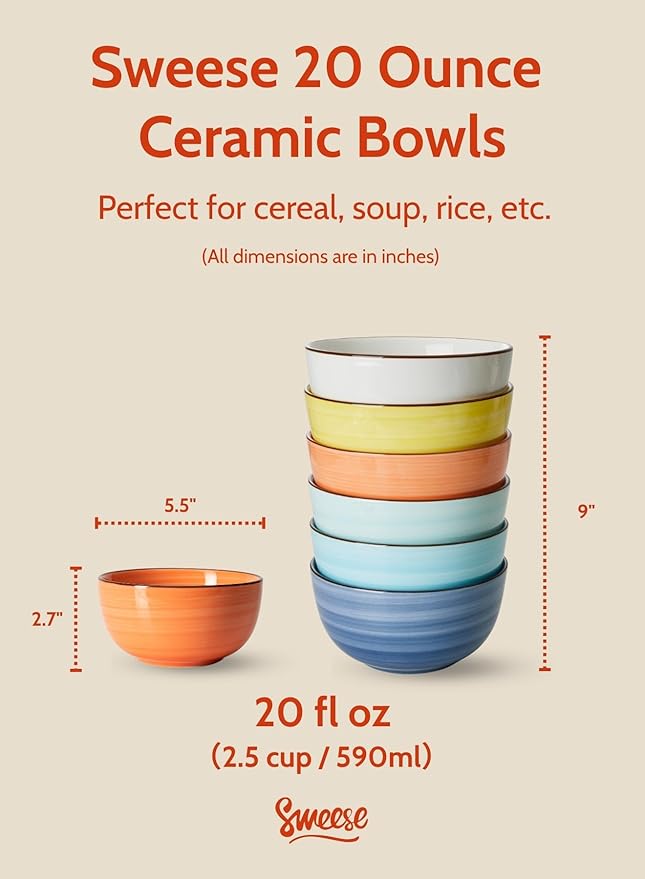 Sweese Cereal Bowl - 20 Oz Soup Bowls Set of 6 for Cereal, Snack, Rice, Salad, Side Dishes, Porcelain Bowls for Kitchen Decor, LEAD & CADMIUM FREE, Multicolor, Hot Assorted Colors