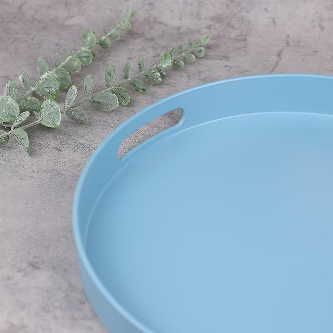 Round Blue Decorative Serving Tray with Handles, 13” Versatile Ottoman Tray for Coffee Table, Entertaining, Outdoor Patio, Living Room