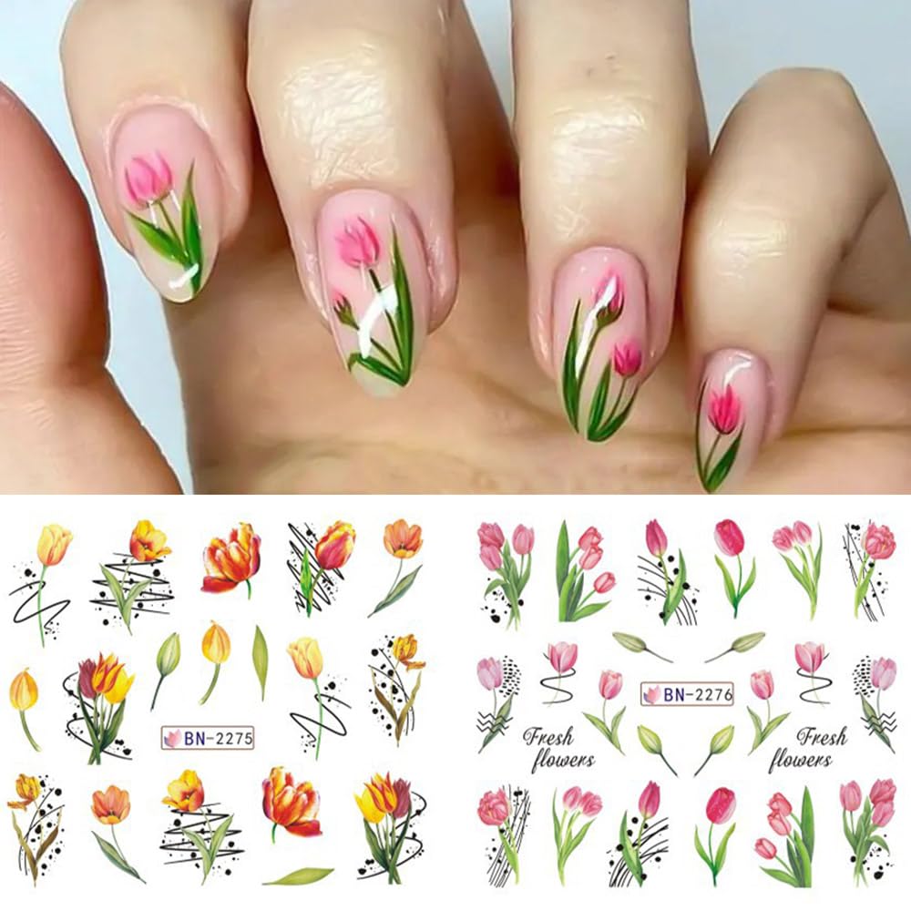 Flowers Nail Art Stickers Decals Tulip Floral Leaf Watercolor Nail Art Decals Transfer Foils for Nails Supply Butterfly Flowers Designs Nail Tattoo Sliders for Women DIY Manicure Nail Decoration 12PCS-BrightBean Baby