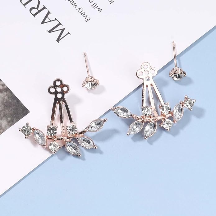 Boho Crystal Leaf Ear Jackets Earrings Gold Cz Crystal Earrings Rhinestone Front Back Studs Earrings Minimalist Earrings Jewelry for Women and Girls Gifts-BrightBean Baby