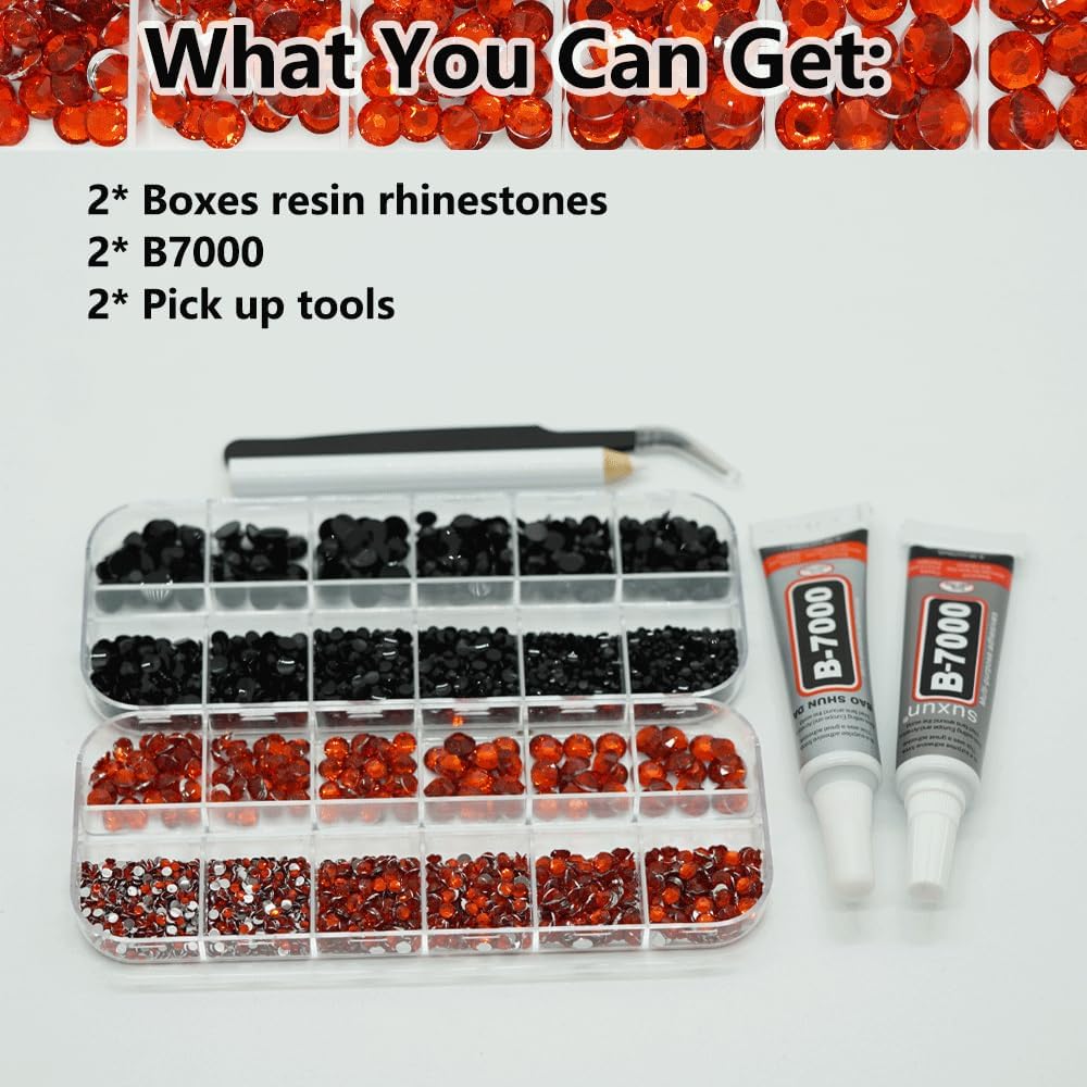 Black and Red Rhinestones with Glue(S8-S30) for Bedazzling,2mm-6mm Non-Hotfix Flatback Nail Gems Beads with B7000, Resin Nail GemsStones Diamond Kit for Bedazzle Crafting, Nails DIY Art Decoration-BrightBean Baby