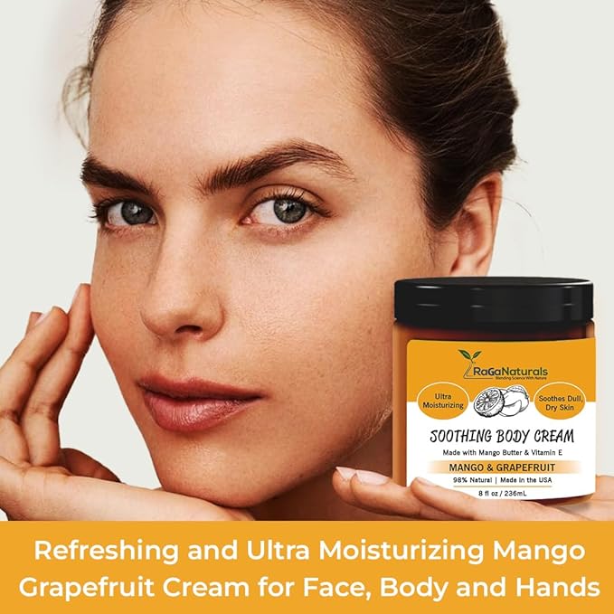 RaGaNaturals Natural Mango Butter Body Cream for Dry Skin for Women, Men - Tropical Plant-Based Hydrating Moisturizer with Avocado Oil and Vitamin E - Non-Greasy, Vegan, Cruelty-Free, Smell Good -8 Oz-BrightBean Baby