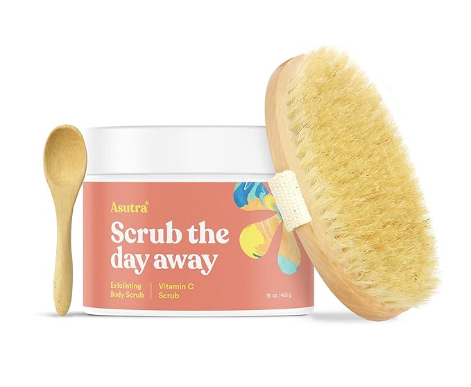 ASUTRA Dead Sea Salt Essential Oil Body Scrub Exfoliator and Dry Brush Bundle (Vitamin C), 16 oz - Ultra Hydrating, Gentle, & Moisturizing - Coconut, Sweet Orange, Grapefruit, and Lemon Oils-BrightBean Baby