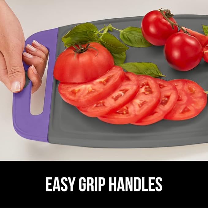 GORILLA GRIP BPA-Free Reversible Kitchen Cutting Board Set of 3, US Designed, Nonporous, Juice Grooves Catch Liquid, Slip Resistant Border, Dishwasher Safe, Durable Food Chopping Boards, Purple Gray