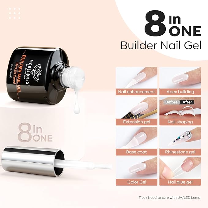 modelones Builder Nail Gel, Milky White Builder for Nail Thickening, 8-in-One LED Lamp Cured Strengthener Hard Color Base Extension Glue Gel Polish in a Bottle for Home DIY Salon Women-BrightBean Baby