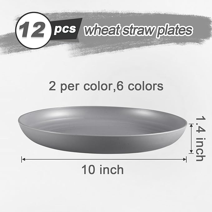 12 Pcs Unbreakable Deep Dinner Plates Set, 10 inch Reusable Plastic Wheat Straw Plates, Microwave and Dishwasher Safe Plate for Kitchen, Lightweight Plate for Dessert, BPA Free, 6 Colors