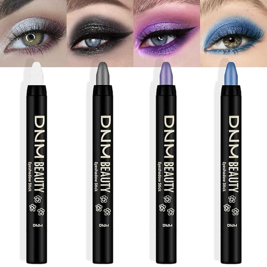 Kaely 4Pcs Metallic Shimmer Eye Shadow Sticks Set, Pearl White Pearl Black Vioiet Purple Royal Blue, Eyeliner Pencil Eyeshadow Palette Halloween Makeup, Eye Highlighter Brightener Stick for Women-BrightBean Baby