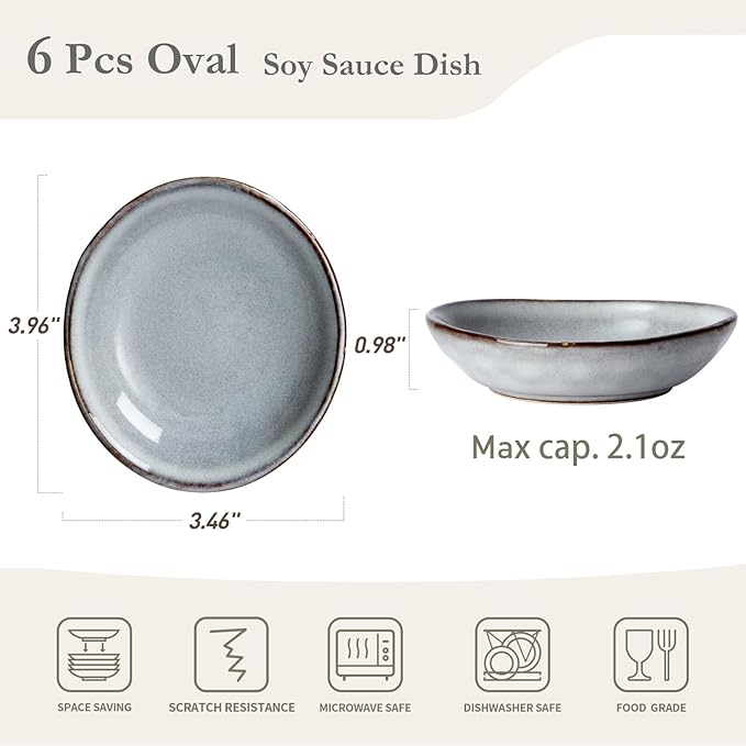 famiware Ocean Soy Sauce Dishes of 6, Oval Dipping Sauce Cups/Bowls/Dishes for Kitchen, 2.1oz Ceramic Small Bowls for Side Dish, Appetizers, Snacks, and Sushi, Reactive Glaze, Dishwasher Safe, Grey