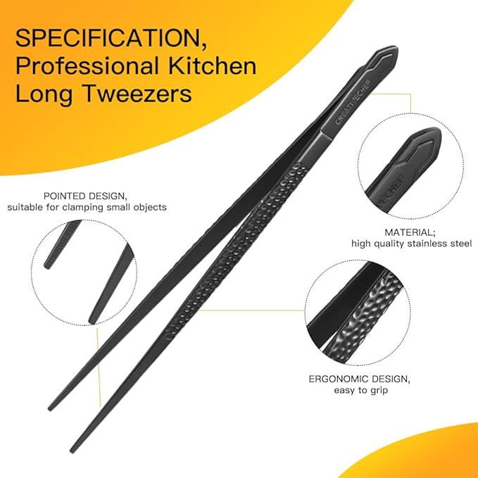 CREATIVECHEF Chef Tweezer Tongs, Professional Kitchen Tweezers, Precision Tweezer Tongs for Cooking, BBQ, Plating, Stainless Steel, Black (2)