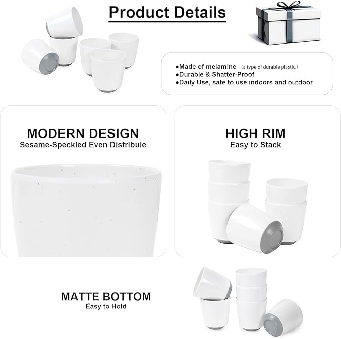 Webbylee 6-piece Melamine Cup - 12 ounce Unbreakable Reusable Drinkware for Party Wedding Camping, Dishwasher Safe & Lightweight (White/Grey)