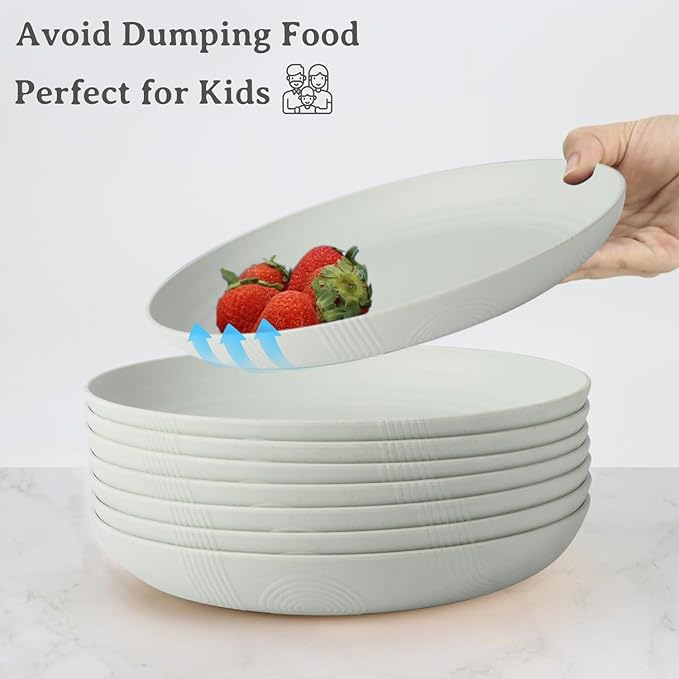 Wrova Wheat Straw Plates - 9 Inch Unbreakable Dinner Plates Set of 8 - Dishwasher & Microwave Safe Plastic Plates Reusable for kitchen and camping (light grey)