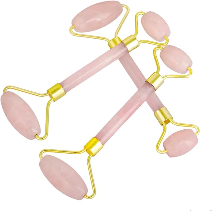 Rockcloud Natural Crystal Stone Roller Massager Double Neck Face & Neck Massage Therapy Anti-Aging Wrinkle Healing Slimming Skincare Tool,Rose Quartz-BrightBean Baby