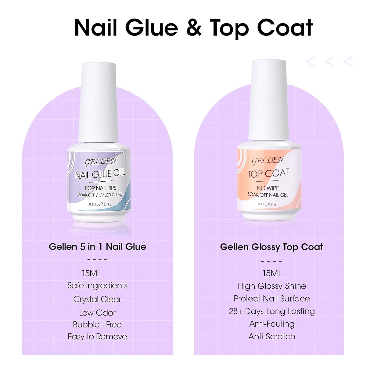 Gellen Nail Glue Gel & No Wipe Top Coat, 5 in 1 UV Nail Glue for Acrylic Nails, High Shiny Top Coat Gel, Curing Needed Extend Gel for False Tips & Clear Press on Nails, Home Salon DIY Manicure-BrightBean Baby