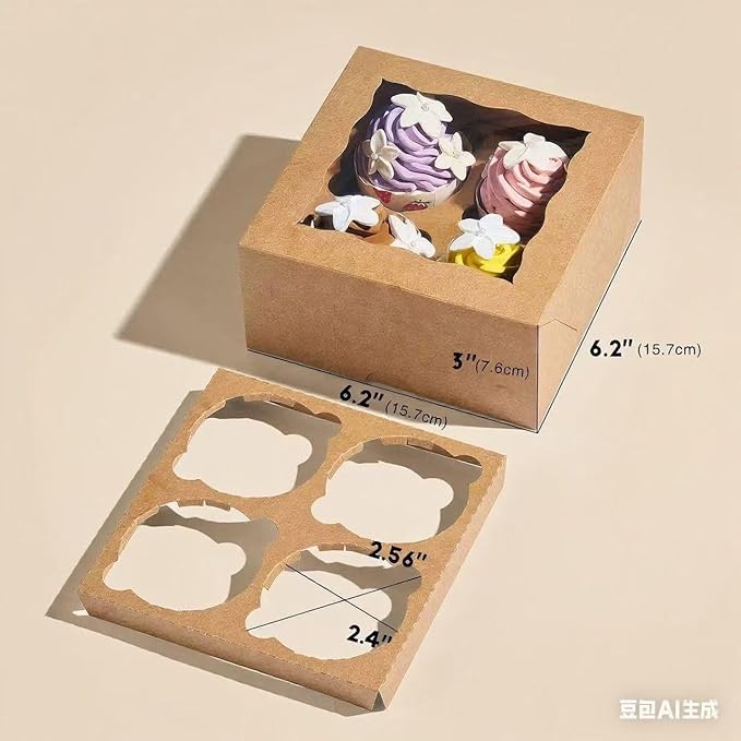 RomanticBaking 50 Pack 4 Cupcake Boxes with insert,6'' x 6'' x 3''Brown Kraft Cupcake Containers Food Boxes for Cookies,muffin,cakesicles