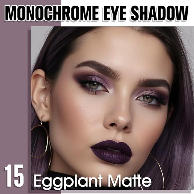 Eggplant Purple Single Matte Eyeshadow Makeup, Neutral Powde Eye Shadow for Women, Deep Dark Mauve Plum Purple Matte Singles Eyeshadow Palette Pigmented Waterproof, Girls Eyeshadows Gift 15-BrightBean Baby