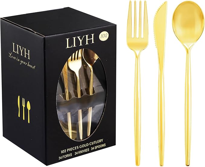 LIYH 102 Pcs Gold Plastic Silverware Disposable, Plastic Gold Utensils Heavyduty - Disposable Cutlery Includes Knives Forks and Spoons for Party, Birthday,Wedding Events
