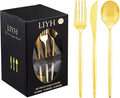 LIYH 102 Pcs Gold Plastic Silverware Disposable, Plastic Gold Utensils Heavyduty - Disposable Cutlery Includes Knives Forks and Spoons for Party, Birthday,Wedding Events