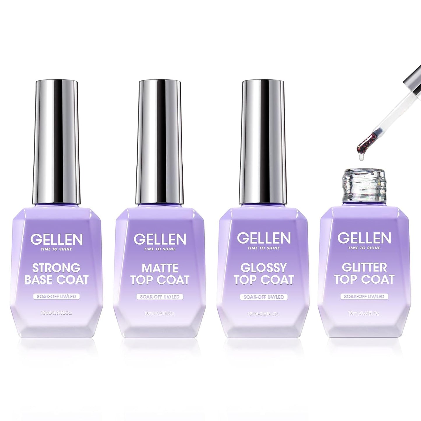 Gellen Gel Top and Base Coat, 4pcs 18ml No Wipe Matte Glossy Glitter Gel Top Coat, Clear UV Base Coat Gel Nail Polish, Soak Off Nail Lamp Gel Base Top Coat Long Lasting Home Gel Manicure-BrightBean Baby