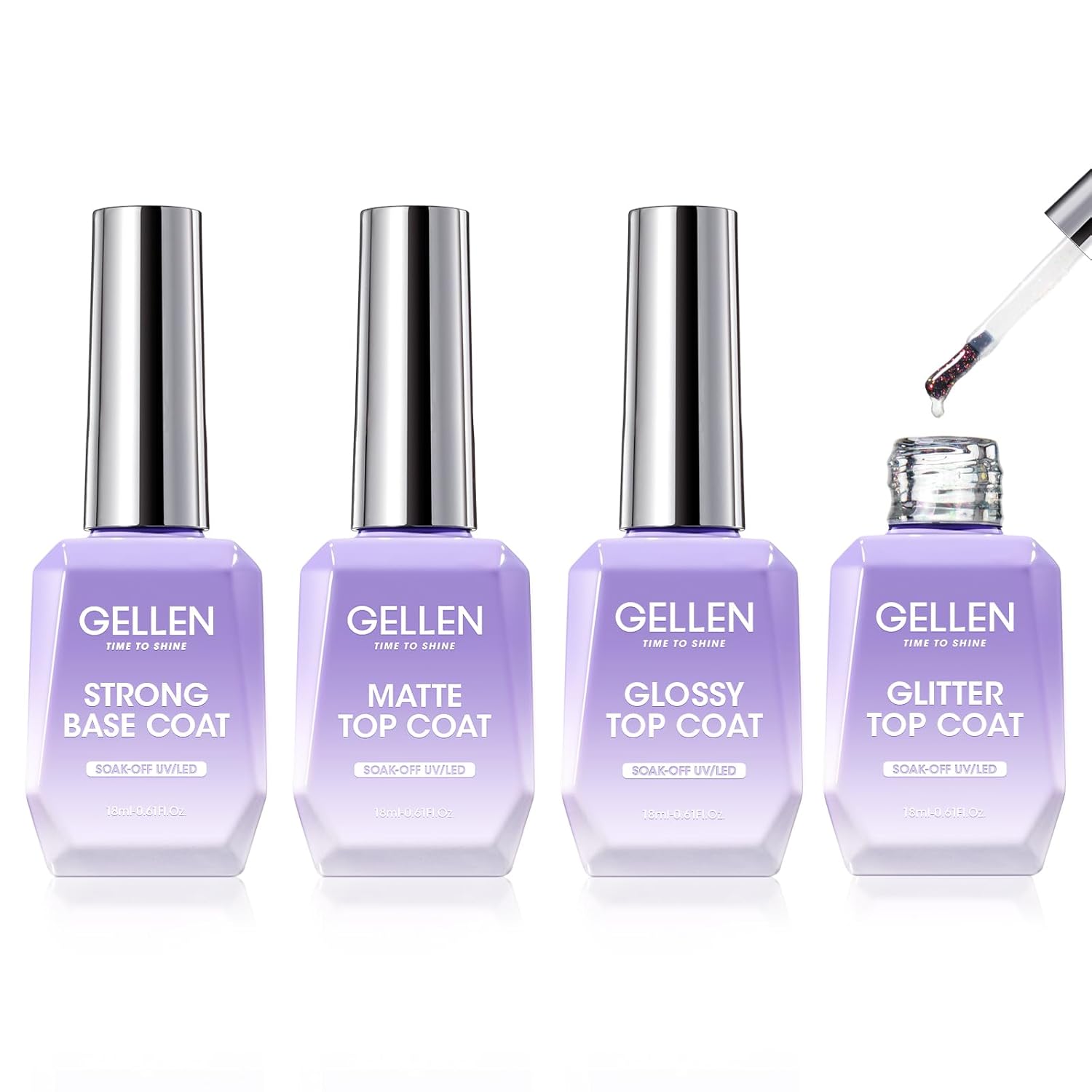 Gellen Gel Top and Base Coat, 4pcs 18ml No Wipe Matte Glossy Glitter Gel Top Coat, Clear UV Base Coat Gel Nail Polish, Soak Off Nail Lamp Gel Base Top Coat Long Lasting Home Gel Manicure-BrightBean Baby