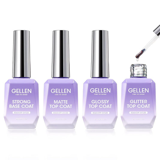 Gellen Gel Top and Base Coat, 4pcs 18ml No Wipe Matte Glossy Glitter Gel Top Coat, Clear UV Base Coat Gel Nail Polish, Soak Off Nail Lamp Gel Base Top Coat Long Lasting Home Gel Manicure-BrightBean Baby