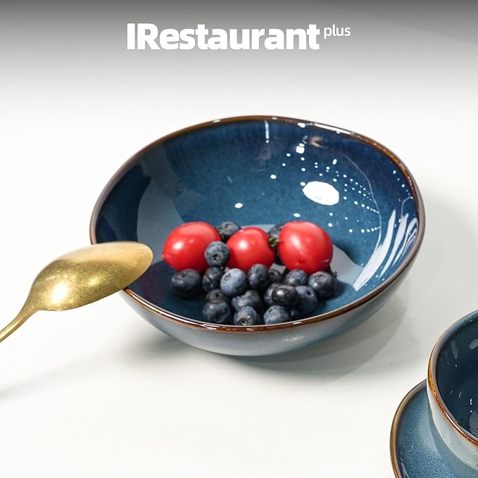 Organic Shape Restaurant Soup/pasta Bowl 8“/30oz, Commerical Grade Catering Stoneware Bowls in Ir-regular Organic Shape, Chip & Scratch Resistant, Glossy Reactive Glaze Blue, Case of 24