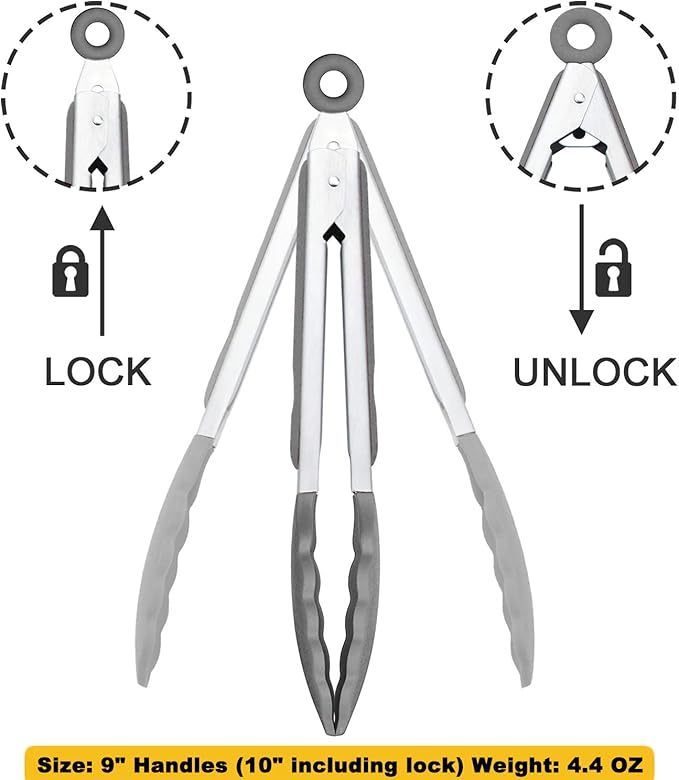 Locking Kitchen Tongs with Silicon Tips 9-Inch Stainless Steel Grilling Tongs, Set of 3 (Gray)