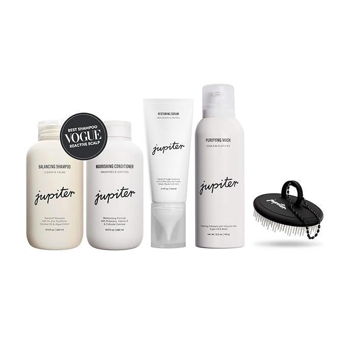 Jupiter Oil Control & Exfoliation Set, Anti-Dandruff Shampoo, Conditioner, Restoring Serum, Scalp Brush, & Purifying Mask, for Women & Men, Dermatologist-Formulated for Flaky, Itchy, Oily, & Dry Scalp-BrightBean Baby
