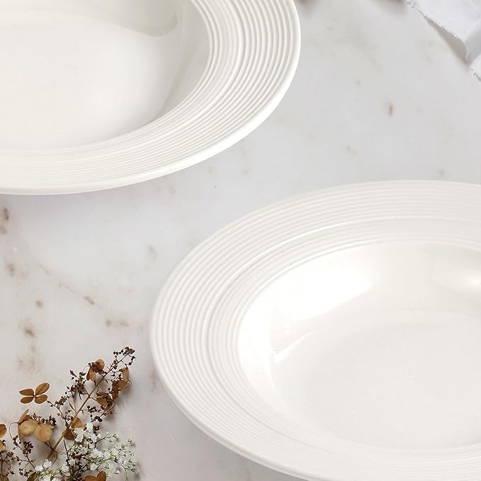 JUAN & JASMIN 24 oz Soup Bowl Set, 9.5 inch, Ribbed Rim Design, 2-Piece, Deep Dish Plate- Ideal Serving for Soup, Pasta, Dessert and Salad, Microwave & Dishwasher Safe