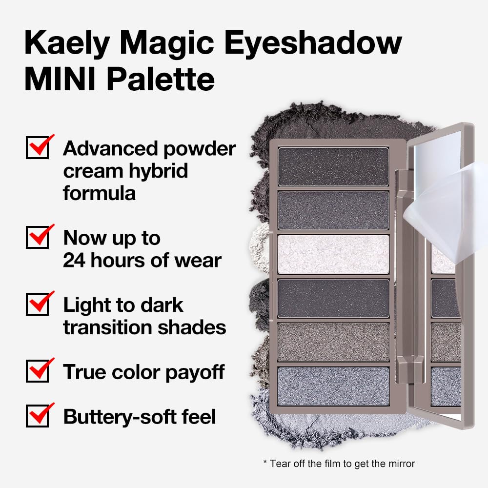 Kaely 6 Colors Mini Smoky Eye Shadow Palette Makeup, Black Grey White Silver Glitter Shimmer Smokey Eye Eyeshadow Palette for Older Women Pigmented Waterproof, Goth Halloween Makeup, Cruelty-free 02-BrightBean Baby