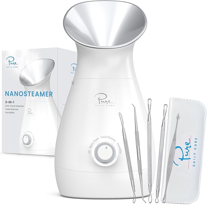 Pure Daily Care NanoSteamer Large 3-in-1 Nano Ionic Facial Steamer with Precise Temp Control - Humidifier - Unclogs Pores - Blackheads - Spa Quality - Bonus 5 Piece Stainless Steel Skin Kit (Silver)-BrightBean Baby