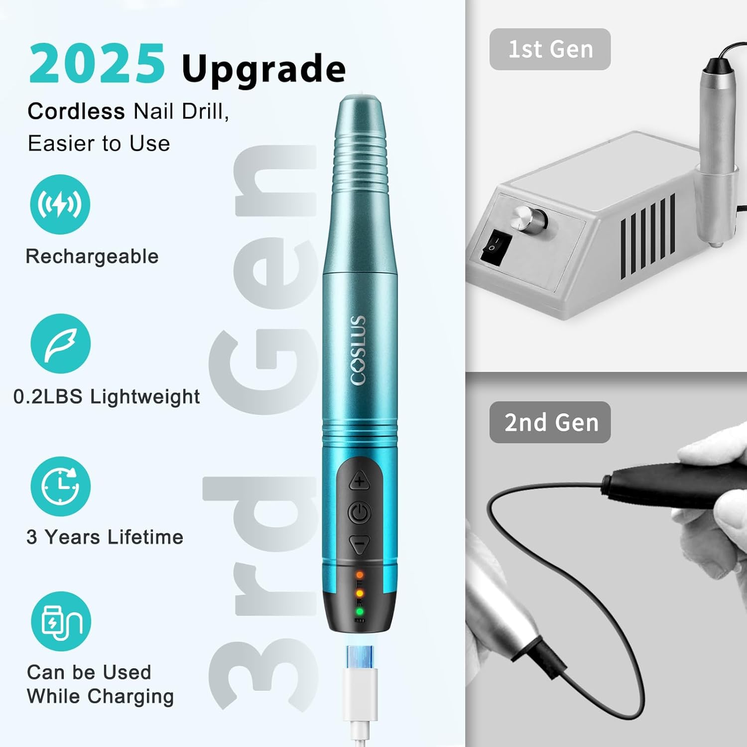 COSLUS Cordless Nail Drill Electric File: Professional for Acrylic Gel Dip Powder Nails Portable Nail Drill Machine Kit for Manicure Pedicure Nail Set with Everything Rechargeable Lightweight Blue-BrightBean Baby