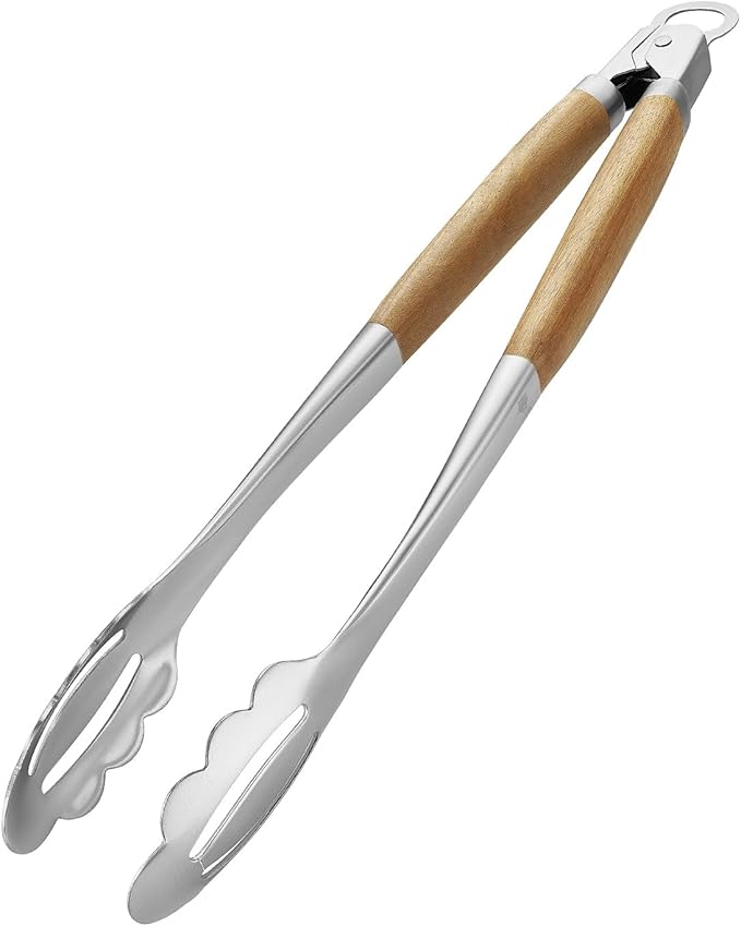 KULUNER Stainless Steel Barbecue Tongs with Solid Wood Handle, Kitchen Metal Locking Design, Extra Long 17.5 Inches 700 Degrees, Suitable for Food Cooking, Salad and Outdoor Grilling(Acacia)