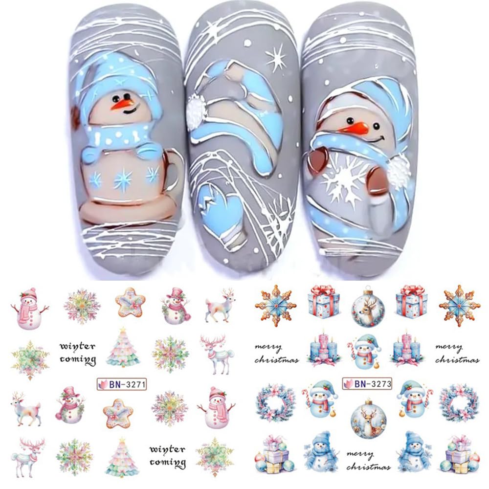 Christmas Nail Art Stickers Decals Winter Snowflake Snowman Acrylic Nail Decals Santa Claus Holographic Water Transfer Nail Foils Cute Gingerbread Man Xmas Tree Elk Penguin Sticker for Women DIY Nails-BrightBean Baby